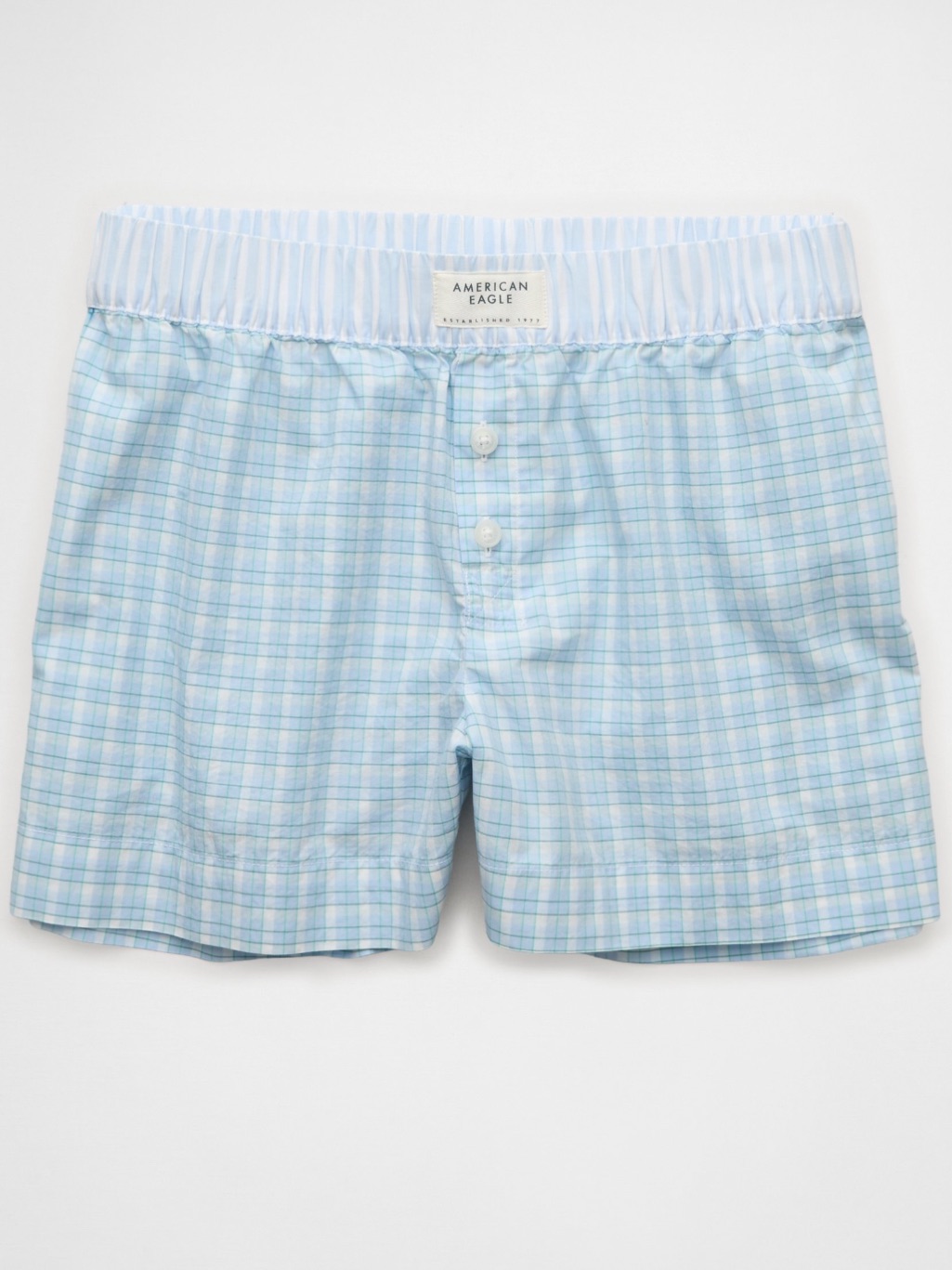 Nwt! Ae Plaid Boxer Sleep Short Light Blue Cotton Large